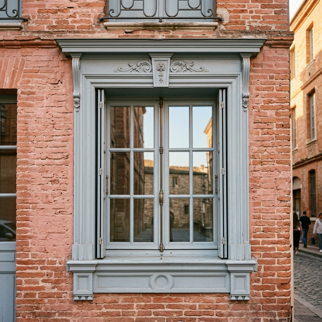 Détail de brique rose toulousaine et cadre de fenêtre