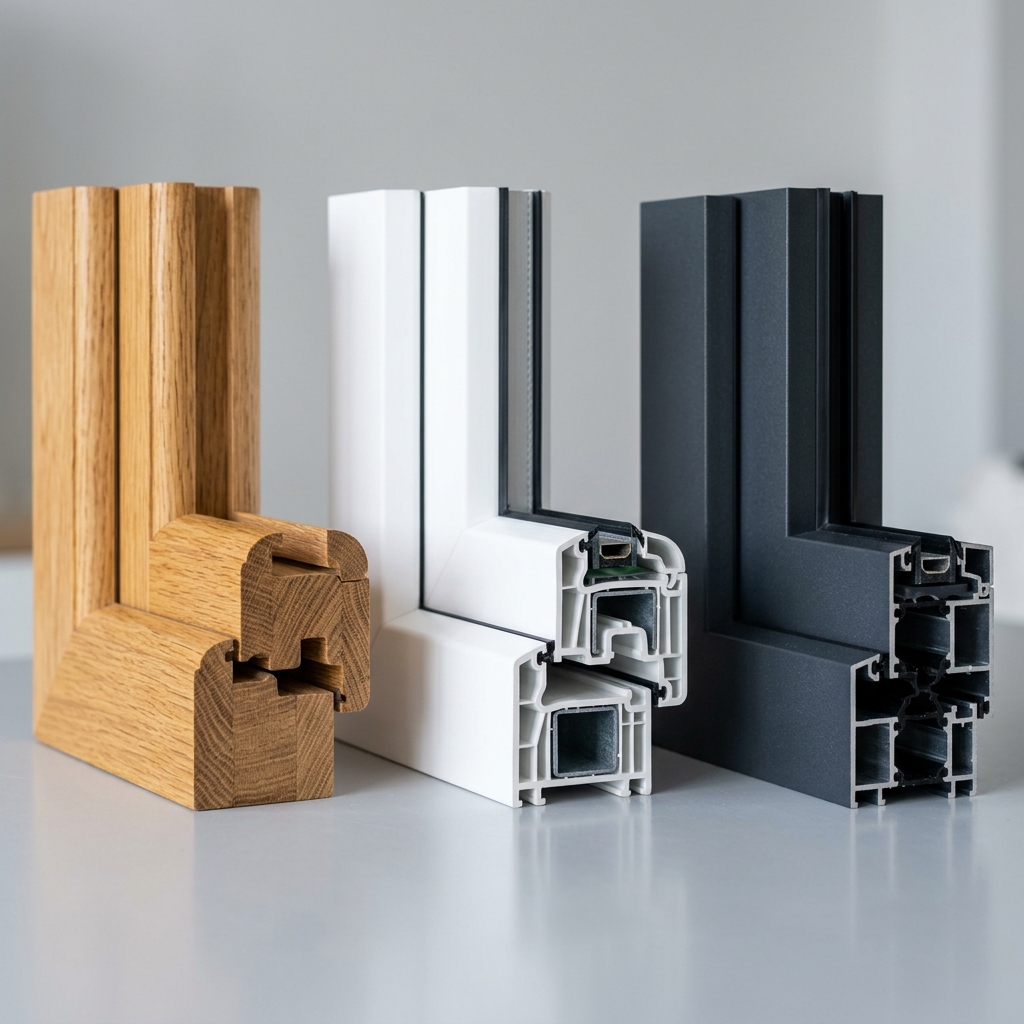 Trois fenêtres d'exposition en bois, PVC et aluminium