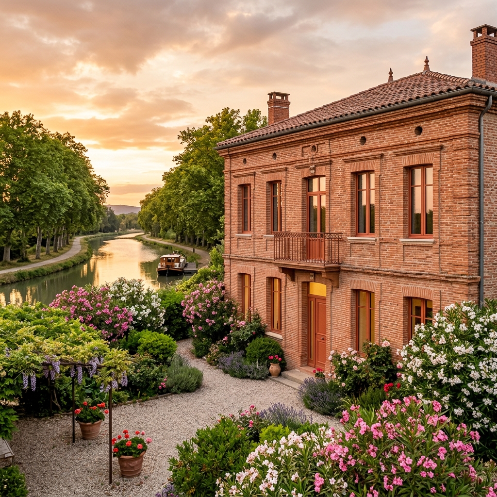 Maison toulousaine traditionnelle en brique rose avec fenêtres rénovées couleur terre cuite